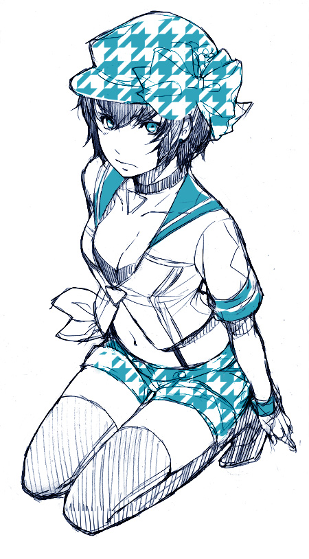 1girl, alternate_costume, blue_eyes, blue_hair, breasts, choker, cleavage, from_above
