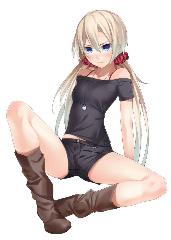 1girl, bare_legs, bare_shoulders, blonde_hair, blue_eyes, blush, boots, jewelry