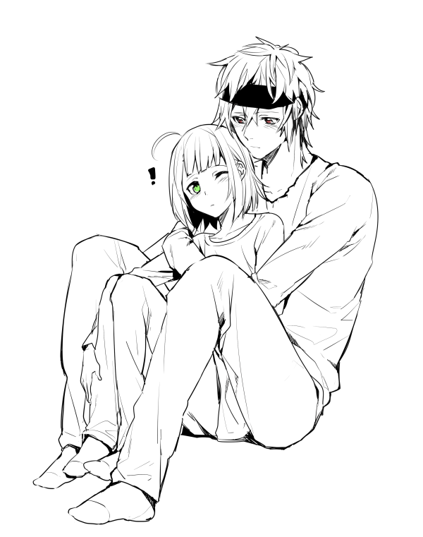 !, 2boys, ahoge, androgynous, erubo, green_eyes, headband, hug, hug_from_behind, monochrome, multiple_boys, one_eye_closed, original, red_eyes, ronaldo_castroneves, short_hair, sitting, spot_color, theodor_bachstein, trap, wink, yaoi