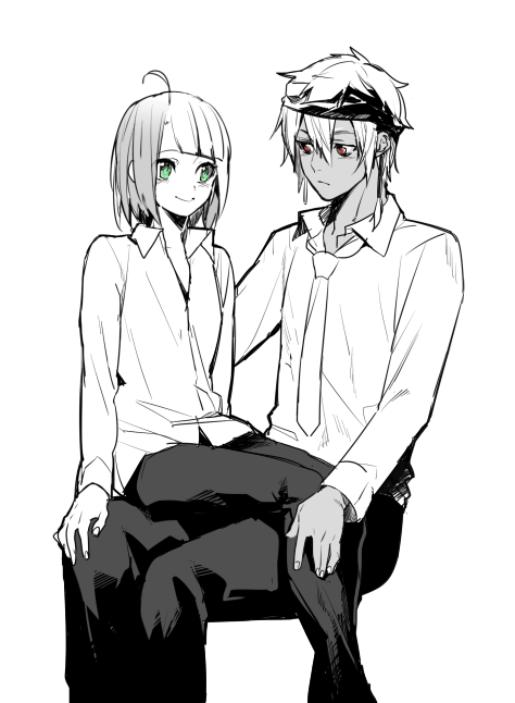 2boys, ahoge, androgynous, blouse, dark_skin, erubo, green_eyes, headband