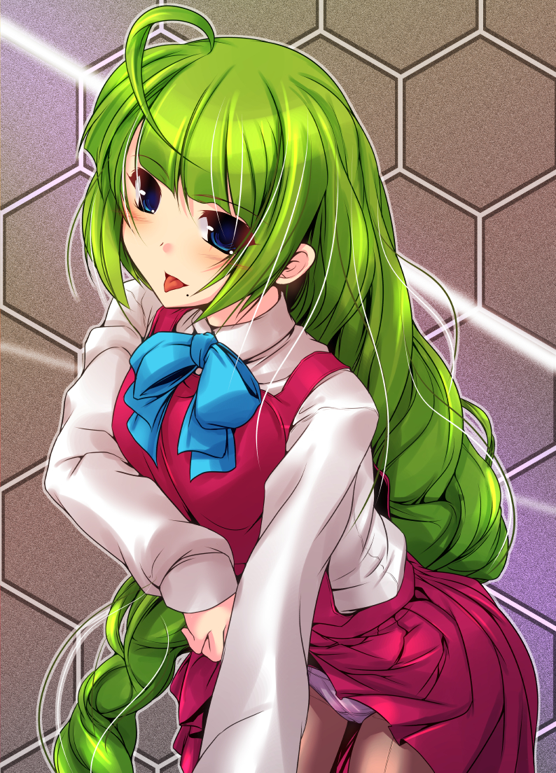 1girl, :p, ahoge, blue_eyes, blush, braid, green_hair, kantai_collection