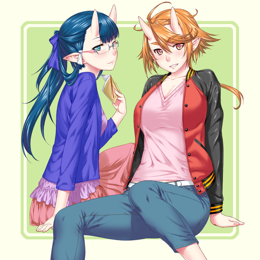 2girls, arm_support, blue_eyes, blue_hair, blush, breasts, casual, cleavage