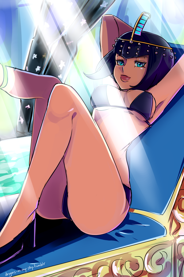 1girl, bikini, black_hair, blue_eyes, breasts, dark_skin, eliza_(skullgirls), leg_lift