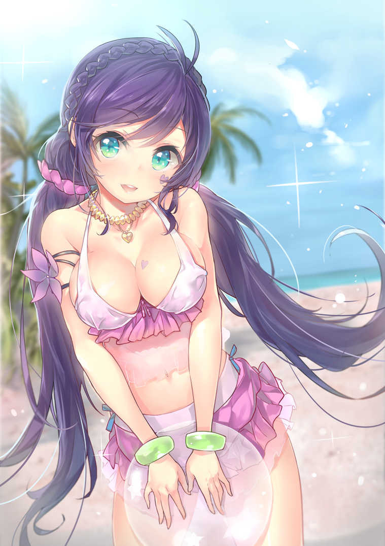 1girl, ball, beach, beachball, bikini, bikini_skirt, blue_eyes, blush, bracelet, braid, breasts, cleavage, collarbone, cozyquilt, green_eyes, heart, jewelry, large_breasts, long_hair, looking_at_viewer, love_live!_school_idol_project, low_twintails, navel, necklace, open_mouth, palm_tree, pendant, purple_bikini, purple_hair, scrunchie, see-through, smile, solo, strap_gap, swimsuit, tattooed_breast, toujou_nozomi, tree, twintails, very_long_hair