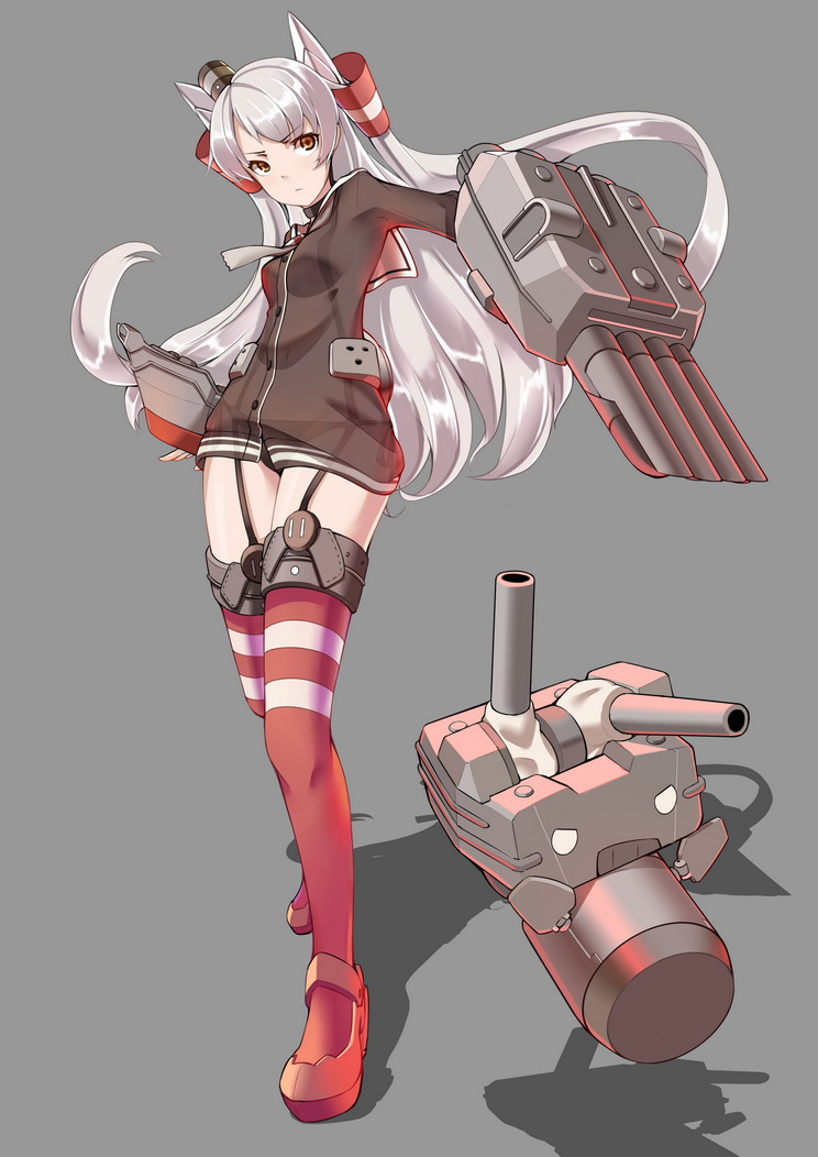1girl, amatsukaze_(kantai_collection), blush, brown_dress, brown_eyes, dress, fleedot, frown, full_body, garter_belt, grey_background, grey_hair, kantai_collection, long_hair, long_sleeves, panties, red_legwear, rensouhou-kun, see-through, solo, thigh-highs, twintails, underwear, weapon