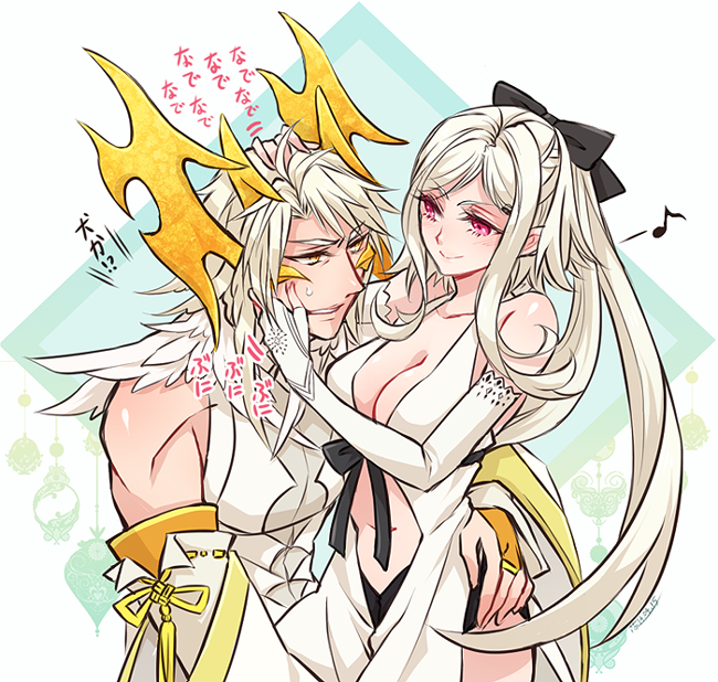 1boy, 1girl, blonde_hair, bow, breasts, cleavage, couple, drag-on_dragoon_3