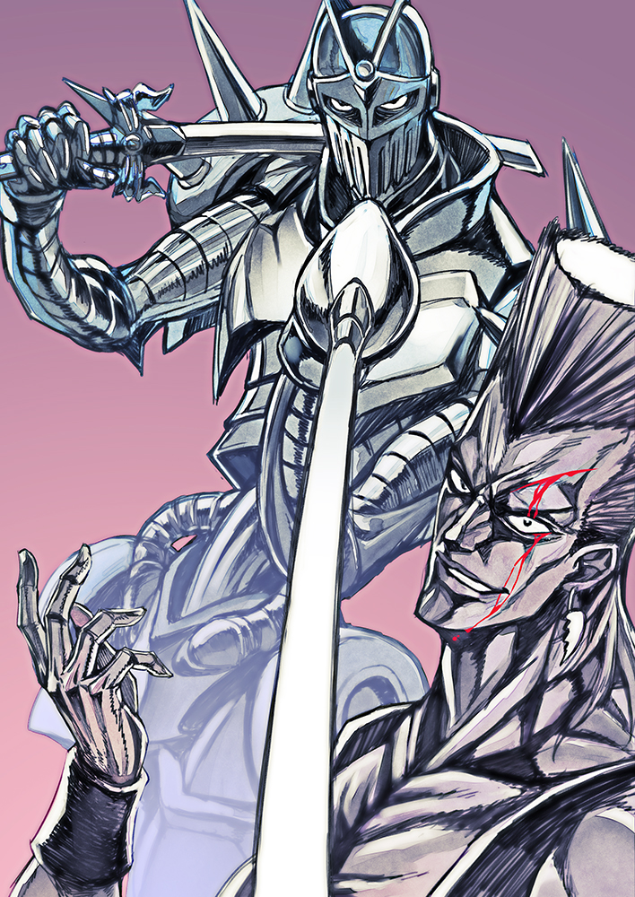 2boys, anubis_(stand), armor, blood, dual_wielding, jean_pierre_polnareff, jojo_no_kimyou_na_bouken, matsuryuu, multiple_boys, rapier, silver_chariot, stand_(jojo), sword, weapon