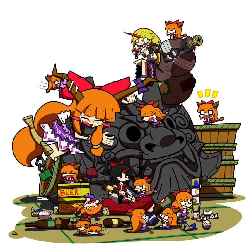 3girls, @_@, alcohol, barefoot, beer_crate, black_hair, blonde_hair, blush_stickers