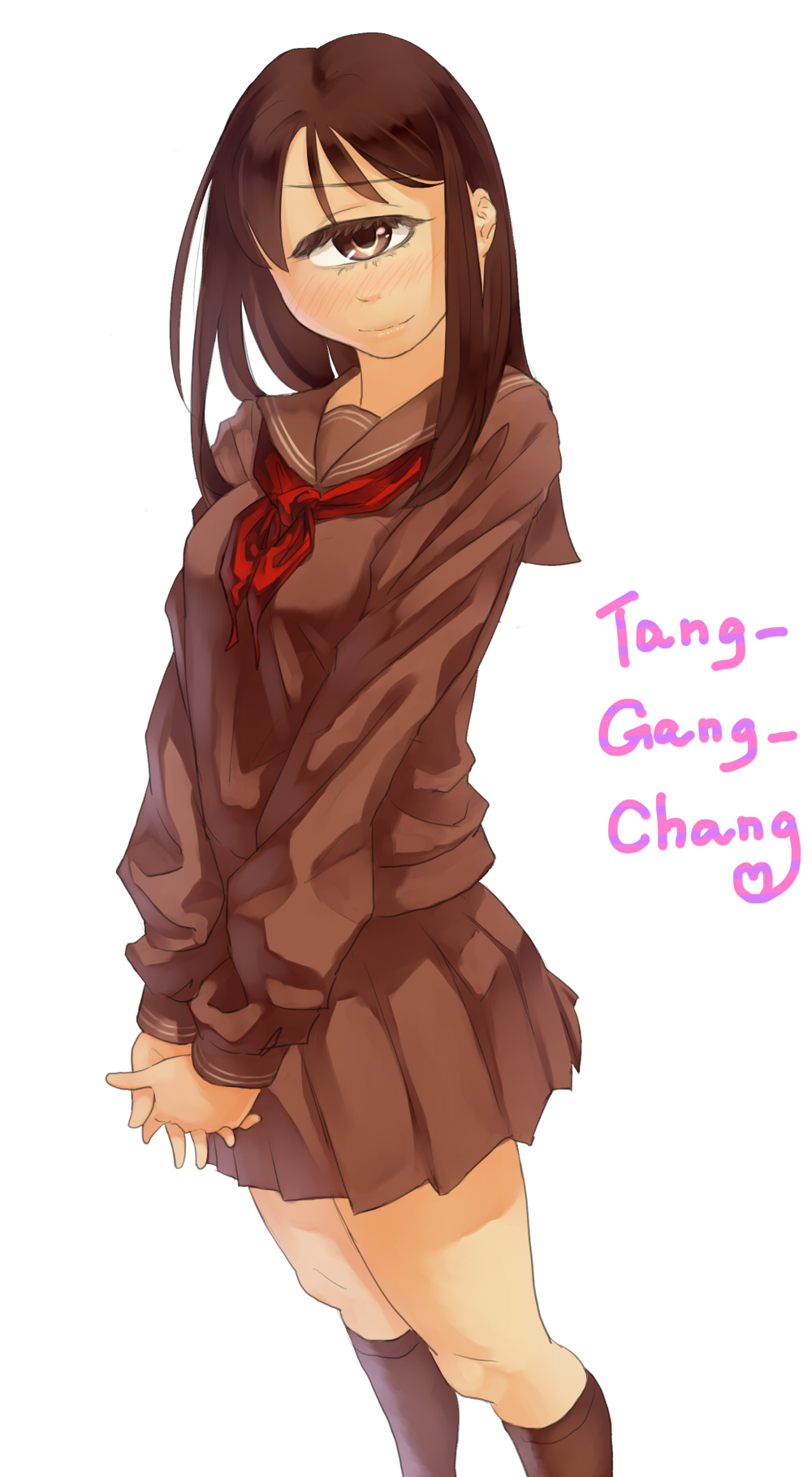 1girl, black_hair, blush, brown_eyes, cyclops, highres, kneehighs, long_hair, makki_(tobaccos), one-eyed, original, school_uniform, serafuku, skirt, smile, solo