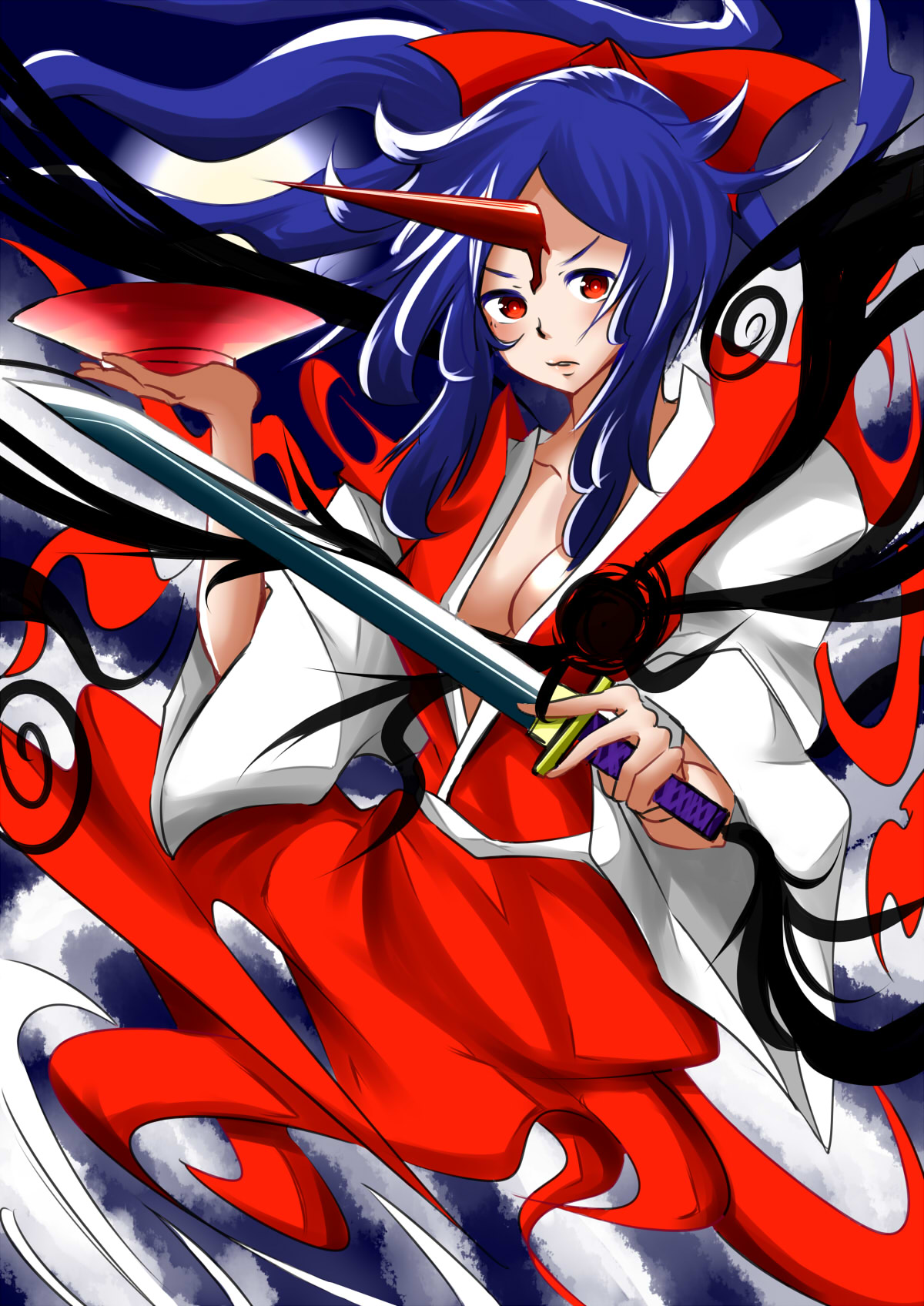 blue_hair, bow, breasts, cleavage, dish, hair_bow, highres, holding_weapon, horn, ichitsuki_nebura, konngara, long_hair, long_sleeves, looking_at_viewer, red_bow, red_eyes, sword, touhou, touhou_(pc-98), weapon, wide_sleeves