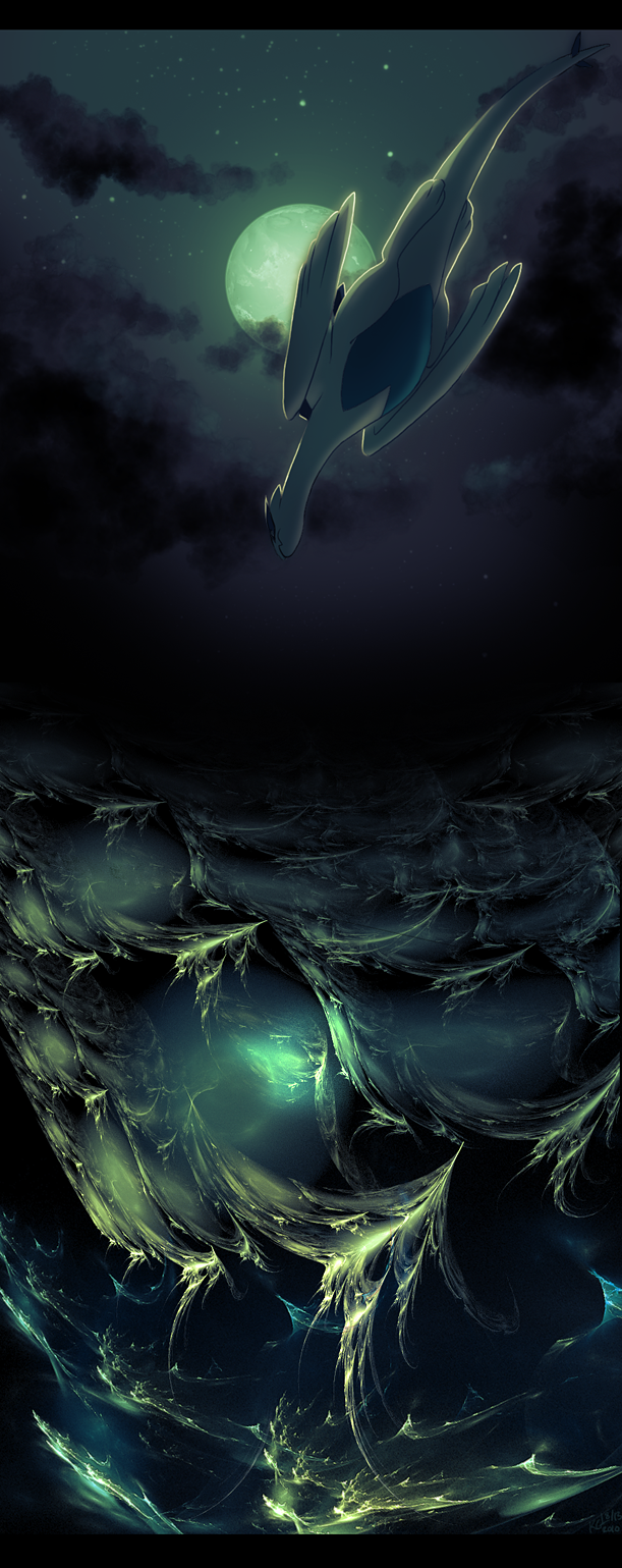 clouds, flying, full_moon, highres, lugia, moon, night, night_sky, no_humans, ocean, pokemon, pokemon_(game), pokemon_hgss, sky, star_(sky), tuooneo, waves, wings