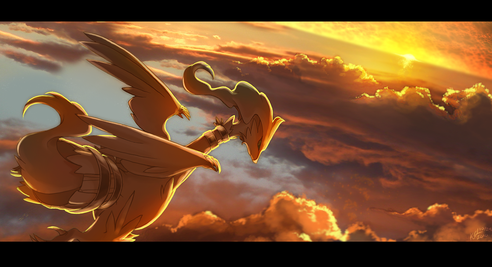 clouds, frown, no_humans, pokemon, pokemon_(game), pokemon_bw, reshiram, sunset