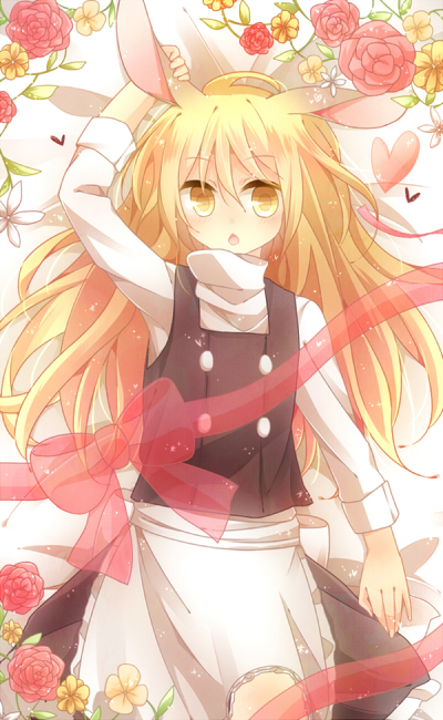 animal_ears, apron, black_skirt, blonde_hair, blush, flower, heart, hisaki1118
