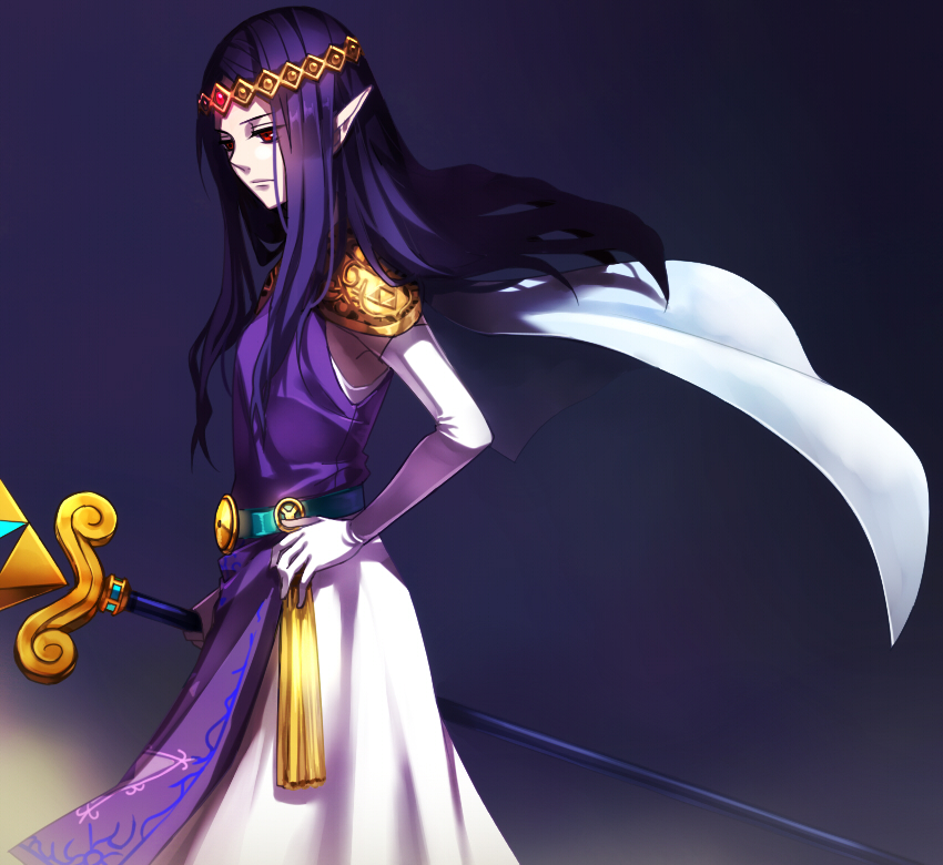 1girl, a_link_between_worlds, belt, cape, crown, diadem, dress, frown, gloves, inlila, long_hair, pointy_ears, princess_hilda, purple_hair, red_eyes, solo, staff, the_legend_of_zelda, white_gloves