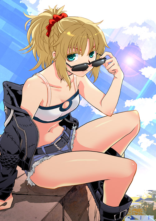 1girl, arm_support, belt, blonde_hair, boots, bra, breasts, cleavage