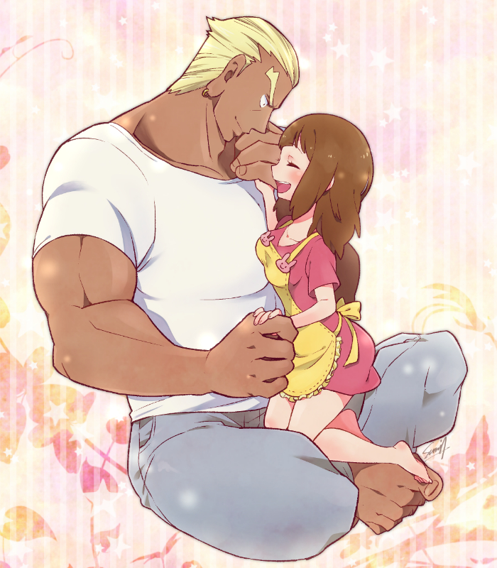 1boy, 1girl, alternate_hair_length, alternate_hairstyle, anosumi_(ggpg), apron, barefoot, blonde_hair