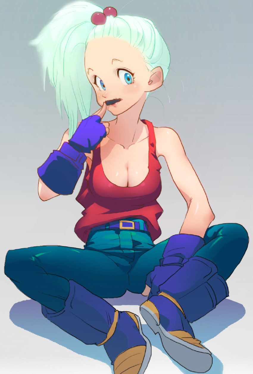 1girl, aqua_hair, blue_eyes, boots, bra_(dragon_ball), breasts, butterfly_sitting, cleavage