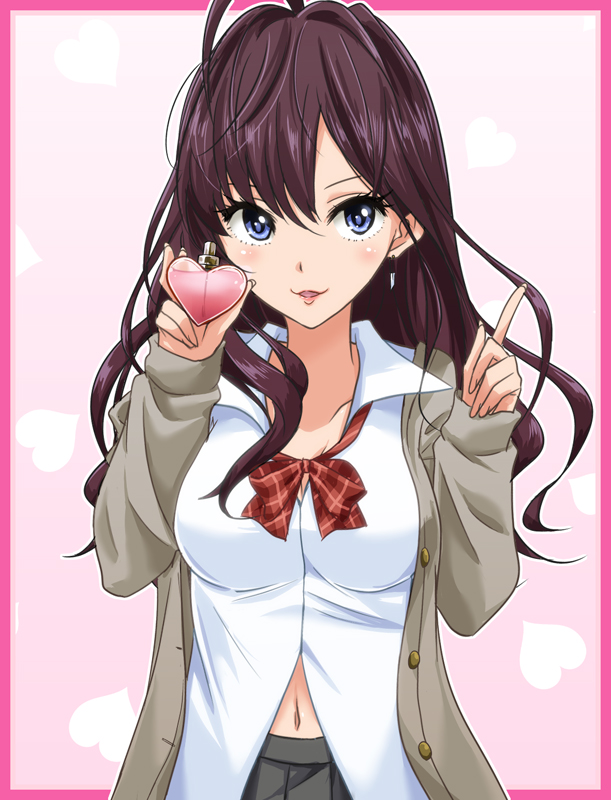 1girl, blue_eyes, bottle, bow, brown_hair, cardigan, cologne, heart