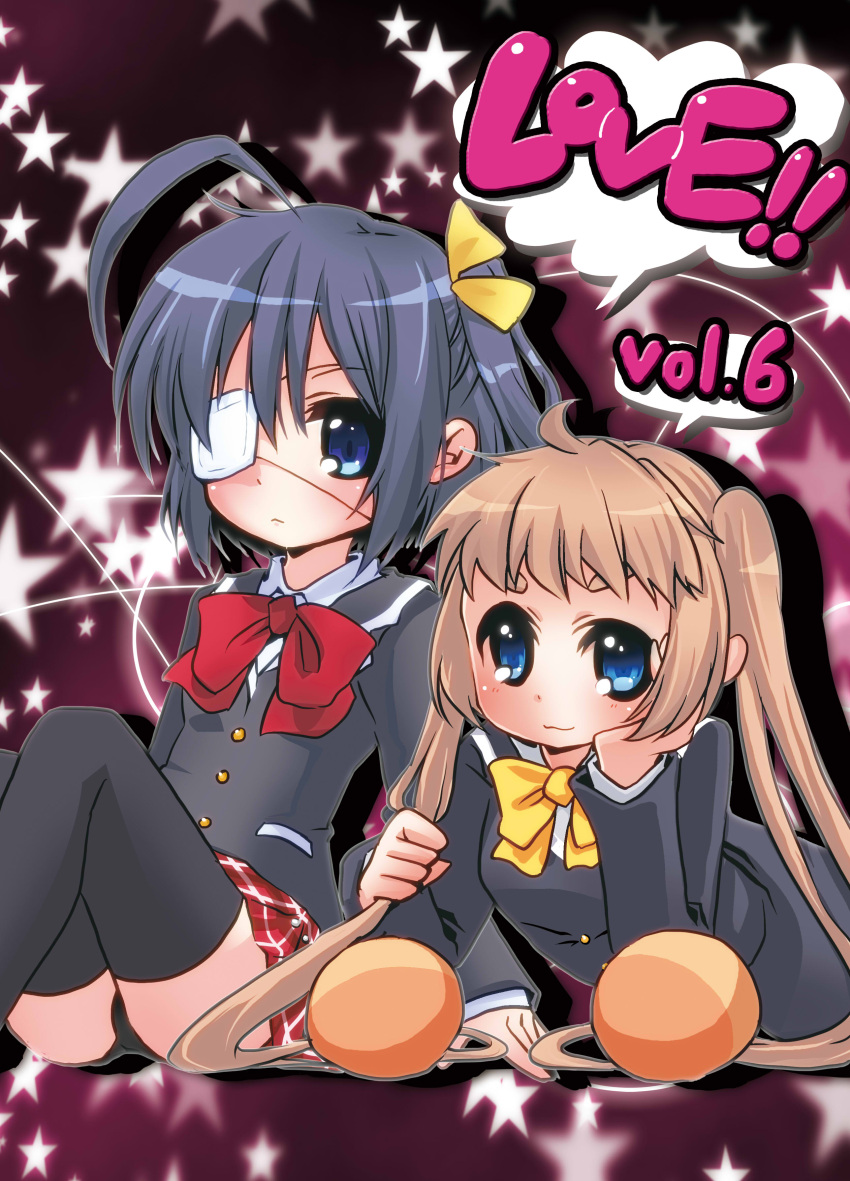 2girls, absurdres, black_hair, blonde_hair, blue_eyes, chuunibyou_demo_koi_ga_shitai!, dekomori_sanae, eyepatch, highres, konokono, long_hair, lying, multiple_girls, on_stomach, panties, pantyshot, school_uniform, short_hair, side_ponytail, sitting, takanashi_rikka, thigh-highs, twintails, underwear