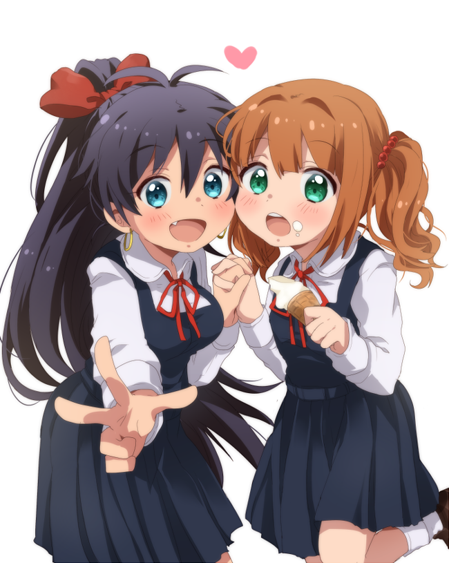 2girls, :d, :o, black_hair, brown_hair, earrings, fang, food