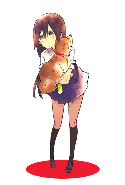 1girl, black_legwear, blue_skirt, brown_eyes, brown_hair, collar, dog, holding, kneehighs, long_hair, motomiya_mao, murasaki_(ma-nagarmr), necktie, no_pupils, school_uniform, shiba_inu, shirt, simple_background, skirt, solo, standing, taiyou_no_ie, white_background, white_shirt