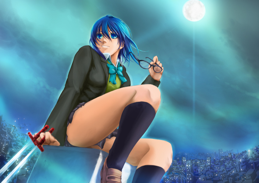 1girl, between_fingers, black_keys, blue_eyes, blue_hair, bowtie, ciel, cityscape