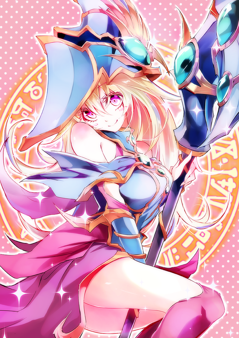 1girl, blonde_hair, blush_stickers, breasts, duel_monster, hat, kanaria_(fuusenkazura), long_hair