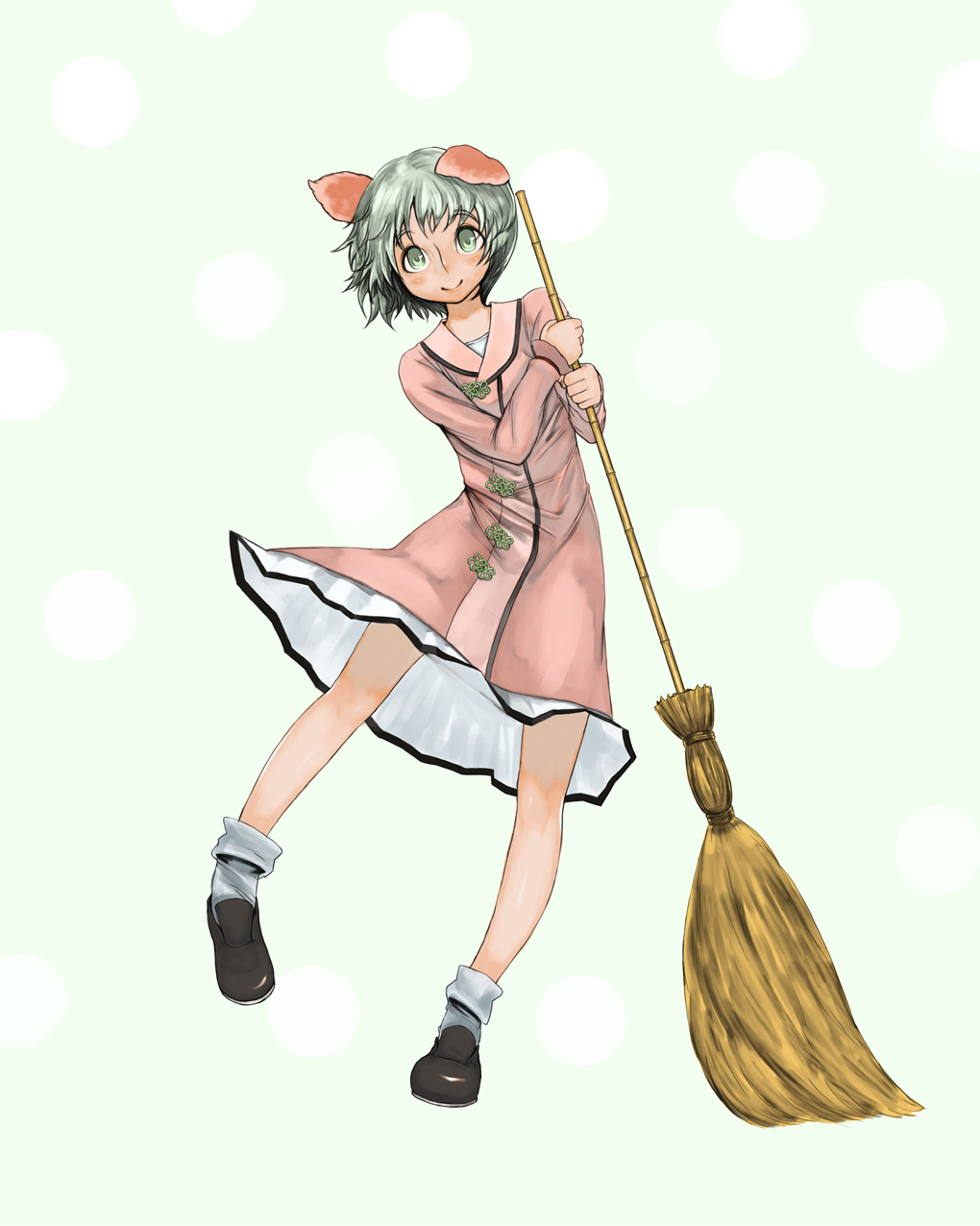1girl, animal_ears, bamboo_broom, blush, broom, dress, green_eyes, green_hair