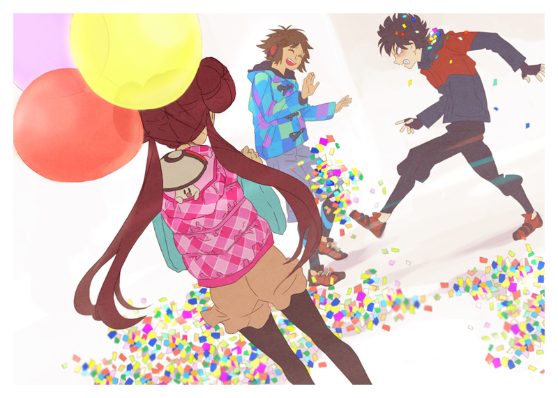 1girl, 2boys, alternate_costume, angry, backpack, bag, balloon, black_legwear, brown_hair, casual, confetti, double_bun, foongus, hoodie, hue_(pokemon), katou_(osoraku), kyouhei_(pokemon), long_hair, mei_(pokemon), multiple_boys, pantyhose, pokemon, pokemon_special, shorts, twintails