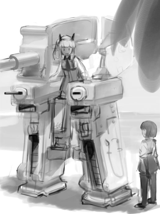 2girls, animal_ears, charlotte_lueder, futenesira, inagaki_mami, long_hair, looking_at_another, monochrome