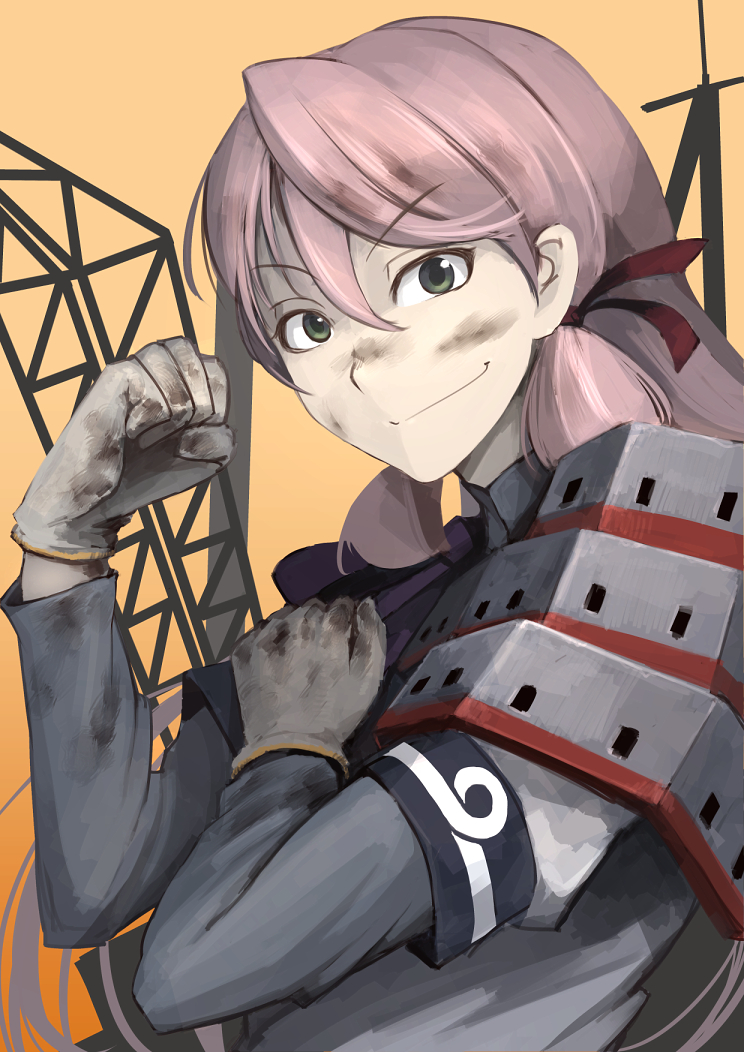 1girl, akashi_(kantai_collection), armor, dirt, dirty_face, gloves, green_eyes, hetza_(hellshock), kantai_collection, long_hair, looking_at_viewer, pink_hair, rosie_the_riveter, school_uniform, smile, solo