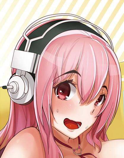1girl, bikini, headphones, looking_at_viewer, nitroplus, open_mouth, pink_eyes, pink_hair