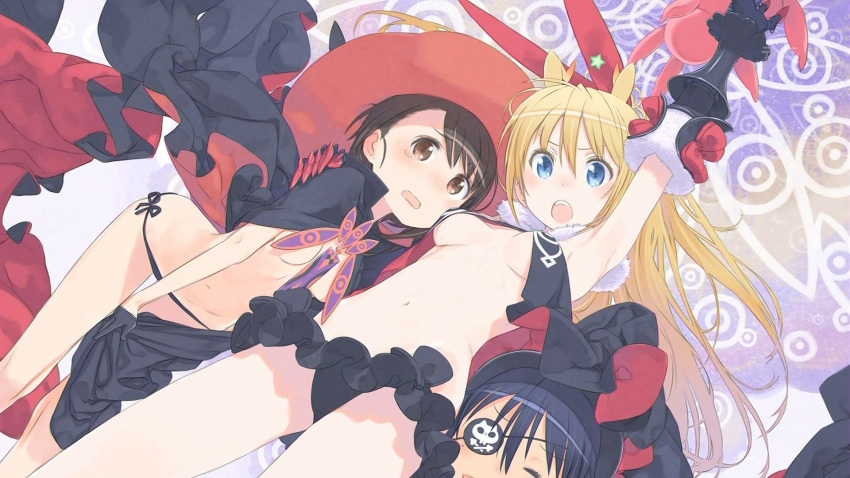 3girls, arm_up, armpits, black_gloves, black_hair, black_panties, blonde_hair, blue_eyes