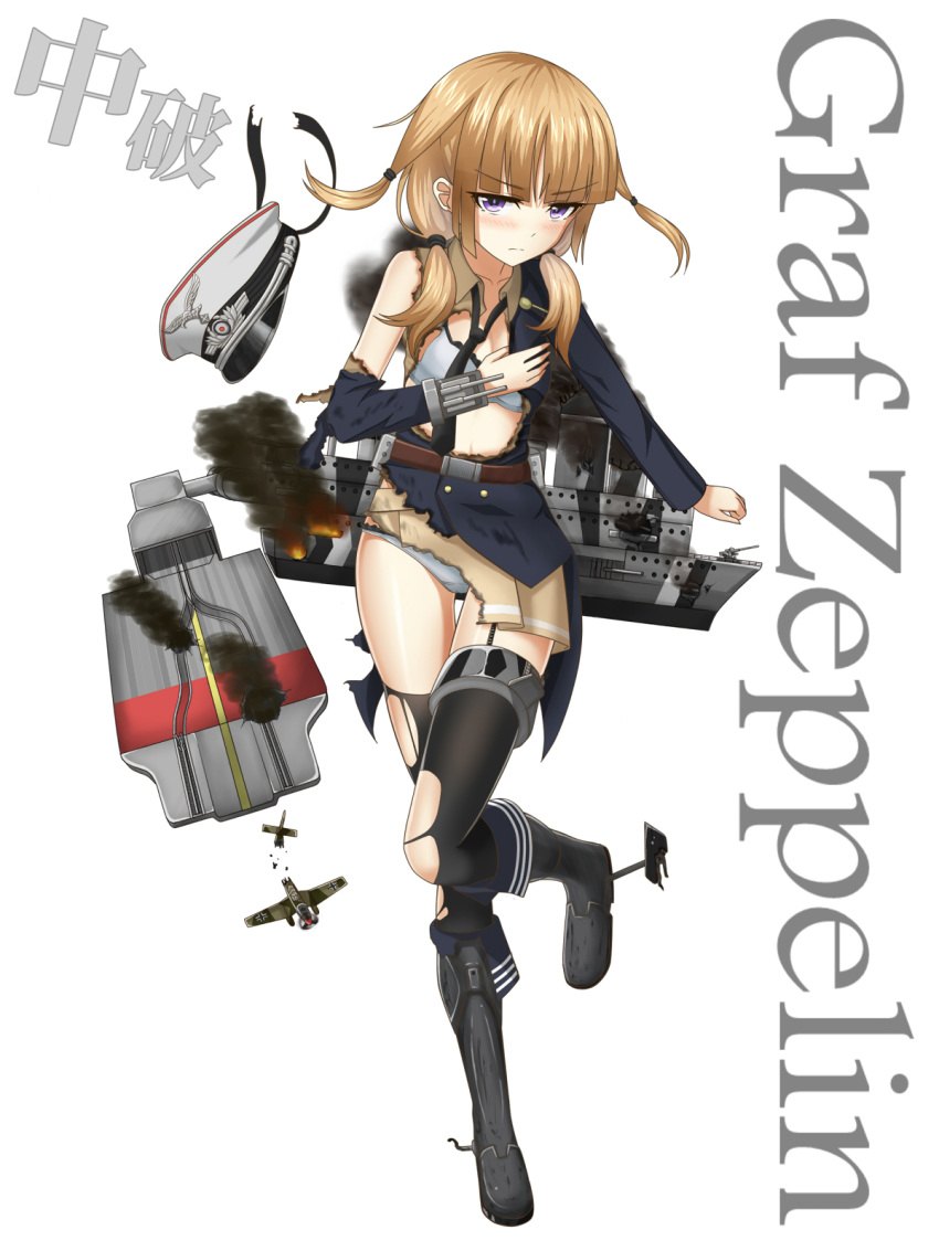 1girl, airplane, bangs, blonde_hair, blunt_bangs, garter_straps, graf_zeppelin_(ship), hat