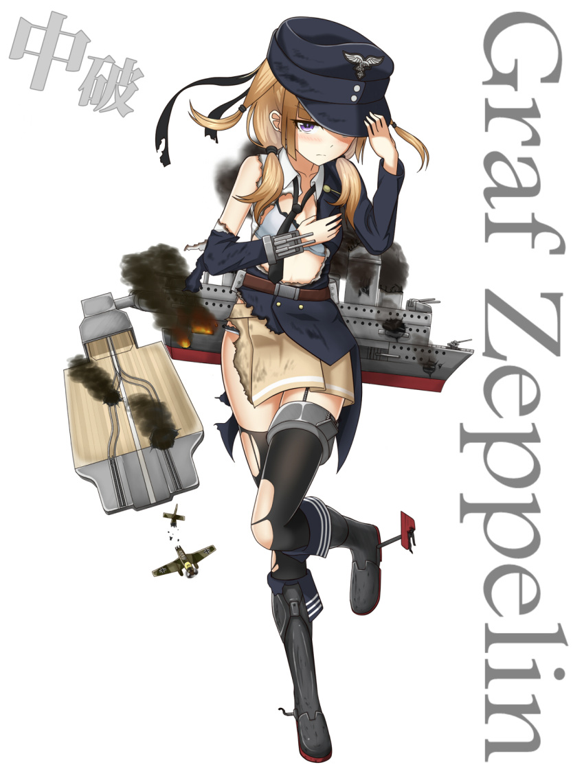 1girl, adjusting_clothes, adjusting_hat, airplane, blonde_hair, garter_straps, graf_zeppelin_(ship), highres