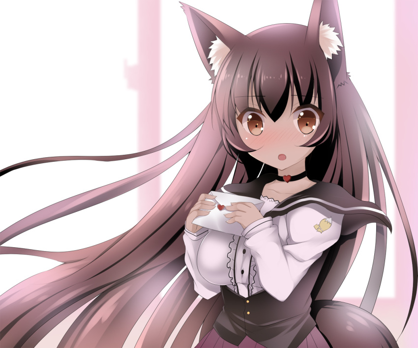 1girl, animal_ears, blush, breasts, brown_hair, duji_amo, fox_ears, fox_tail