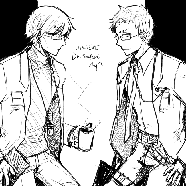 2boys, character_request, cup, emoticon, glasses, labcoat, male, monochrome