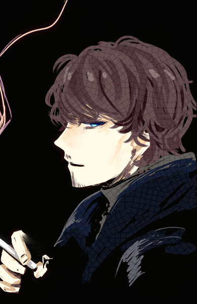 1boy, blue_eyes, brown_hair, cigarette, django_bridge, facial_hair, male, open_mouth, roels, scp_foundation, smoke, solo, tagme