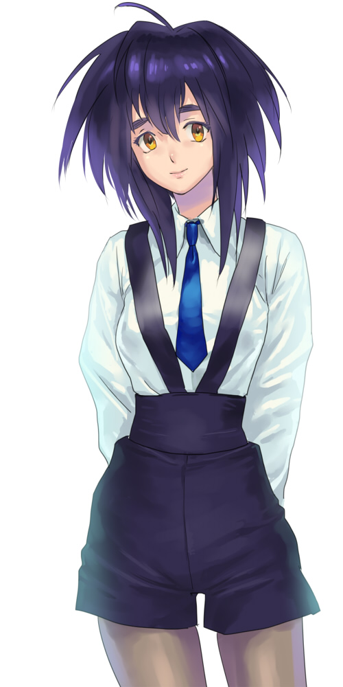 1girl, arms_behind_back, blue_hair, melfina, necktie, outlaw_star, pantyhose, quot