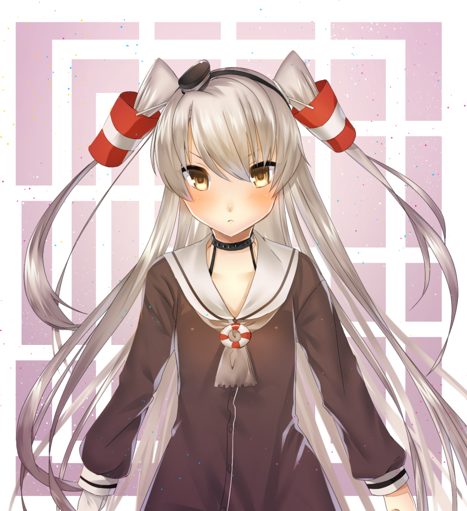 1girl, amatsukaze_(kantai_collection), blush, brown_dress, brown_eyes, dress, frown, grey_hair
