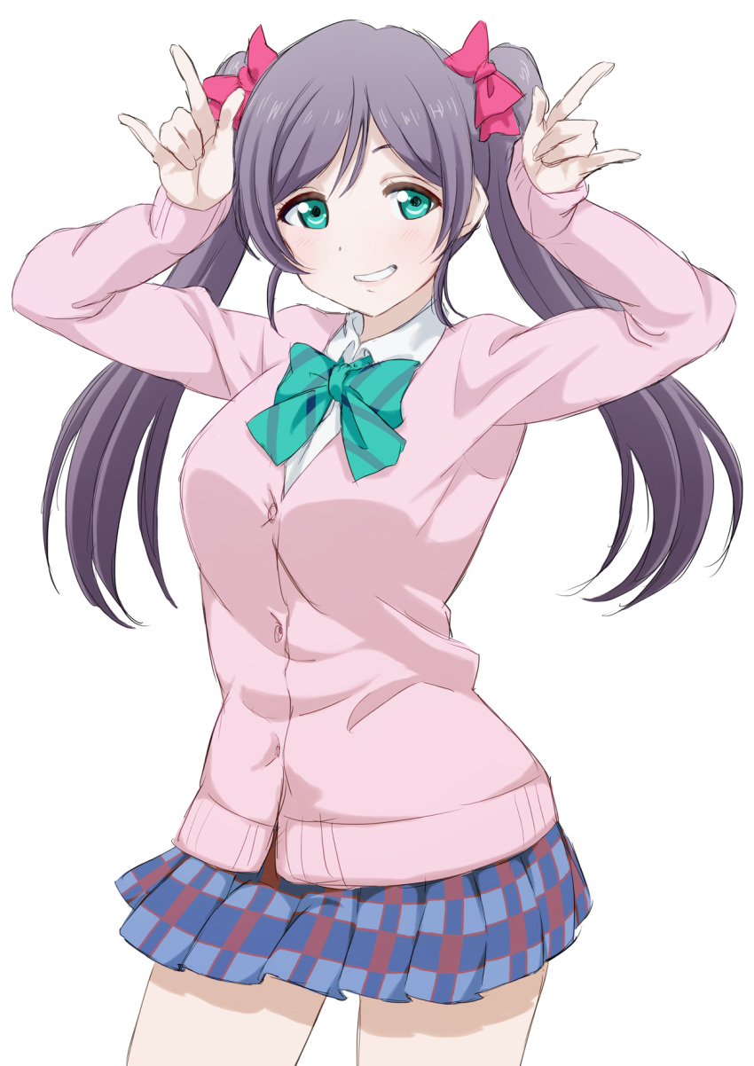 1girl, \m/, ayumu-k, cardigan, cosplay, double_\m/, green_eyes, grin