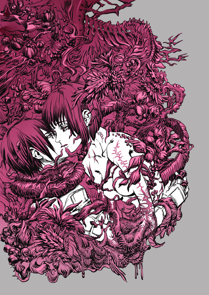 1boy, 1girl, gauna, hoshijiro_shizuka, kiss, monochrome, rakan_(artist), short_hair