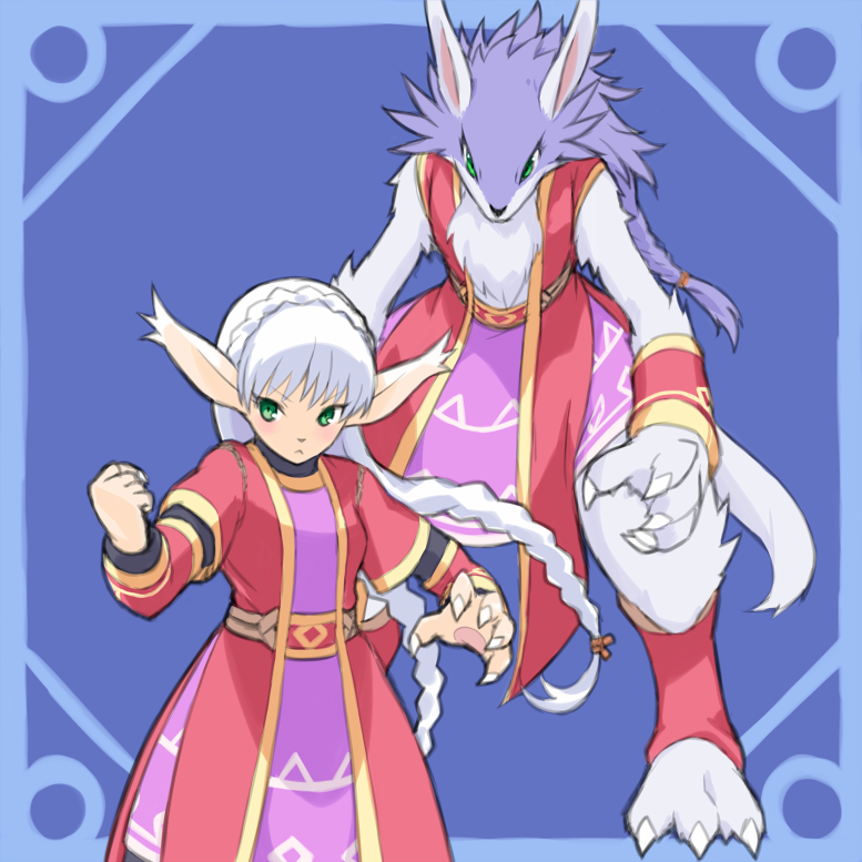 1girl, animal_ears, braid, claws, fur, golden_sun, golden_sun:_dark_dawn, green_eyes