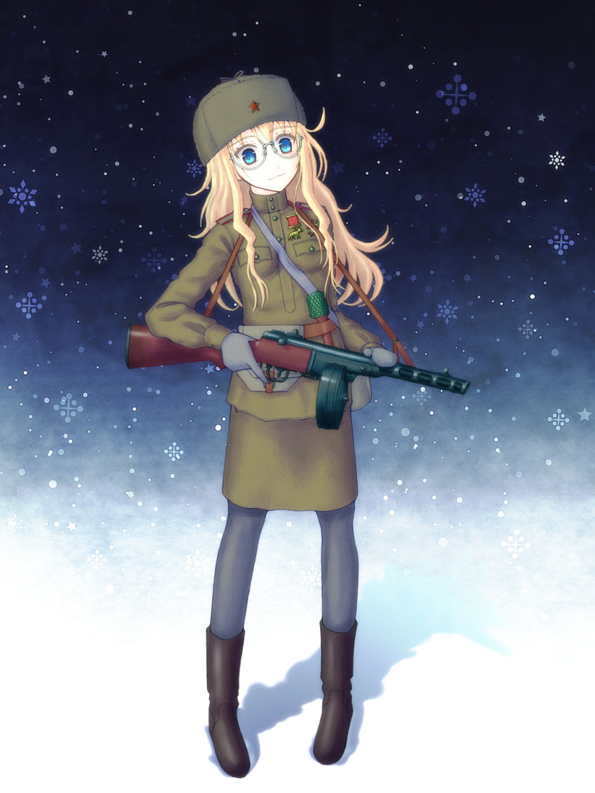 1girl, bag, belt, blonde_hair, blue_eyes, boots, drum_magazine, explosive, fur_hat, glasses, grenade, gun, hat, highres, long_hair, medal, military, military_uniform, original, pantyhose, pencil_skirt, pigeon-toed, pouch, ppsh-41, red_army, semi-rimless_glasses, shadow, skirt, snow, snowflakes, solo, strap_cleavage, submachine_gun, tamuran, trigger_discipline, uniform, ushanka, weapon, winter_uniform, world_war_ii