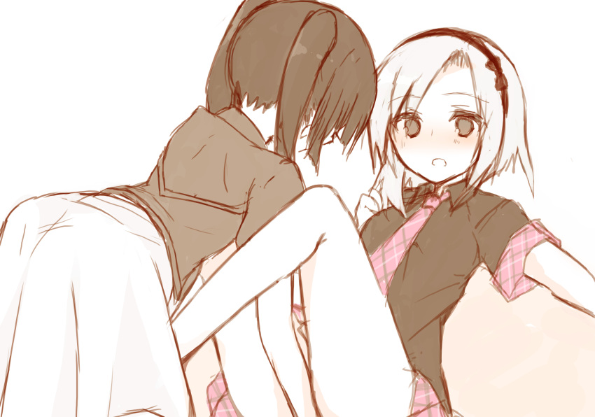 2girls, akuma_no_riddle, all_fours, bangs, between_legs, black_hair, black_shirt, blue_hair
