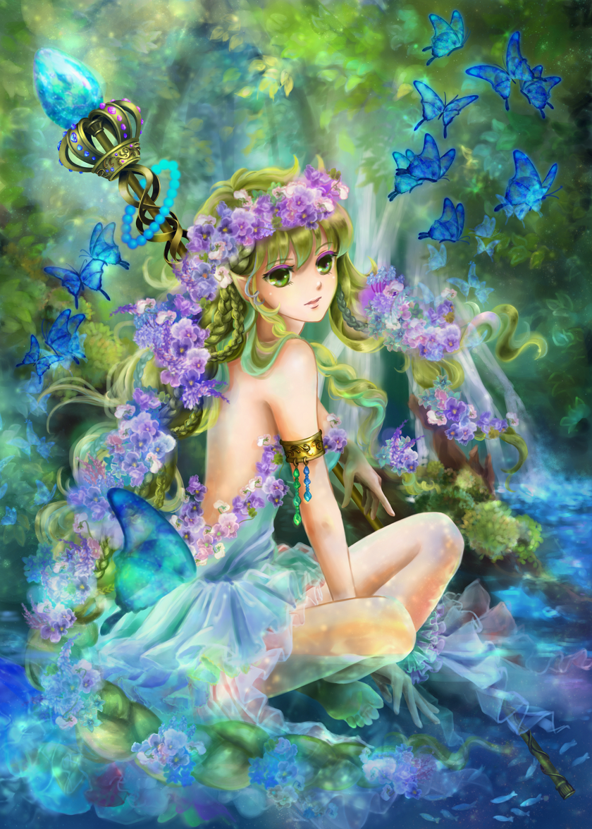 1girl, bare_shoulders, barefoot, braid, butterfly, flower, green_eyes, green_hair, hair_flower, hair_ornament, lips, manbosakuranbo, nature, original, pointy_ears, smile, solo, staff, water, wavy_mouth
