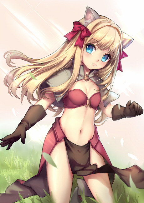 1girl, animal_ears, aruma_jiki, blonde_hair, blue_eyes, bow, cat_ears, elbow_gloves