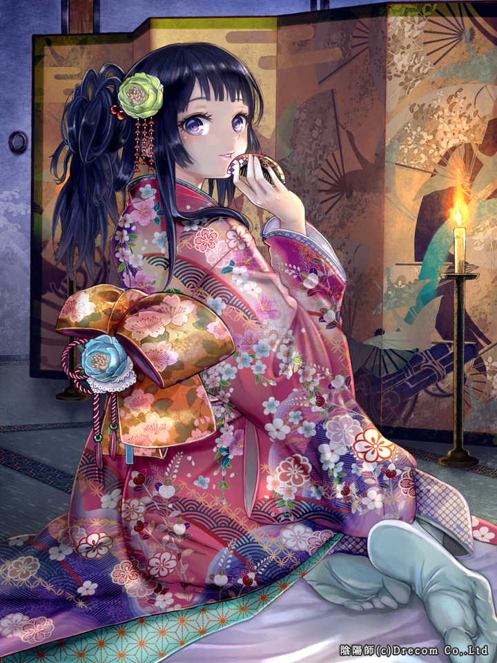 1girl, asa_no_ha_(pattern), blush, candle, comb, egasumi, feet, floral_print