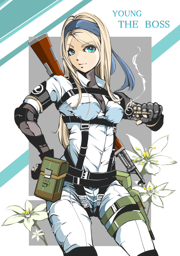 1girl, blonde_hair, bodysuit, breasts, elbow_gloves, fingerless_gloves, flower, gloves