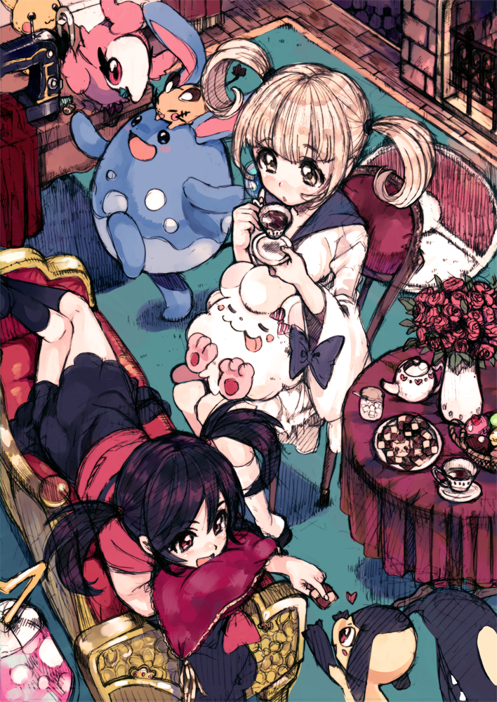 2girls, amezawa_koma, azumarill, bangs, bare_shoulders, black_hair, black_legwear, blonde_hair